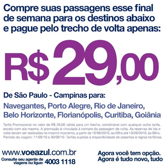 Azul tem passagens aéreas em promoção por R$29