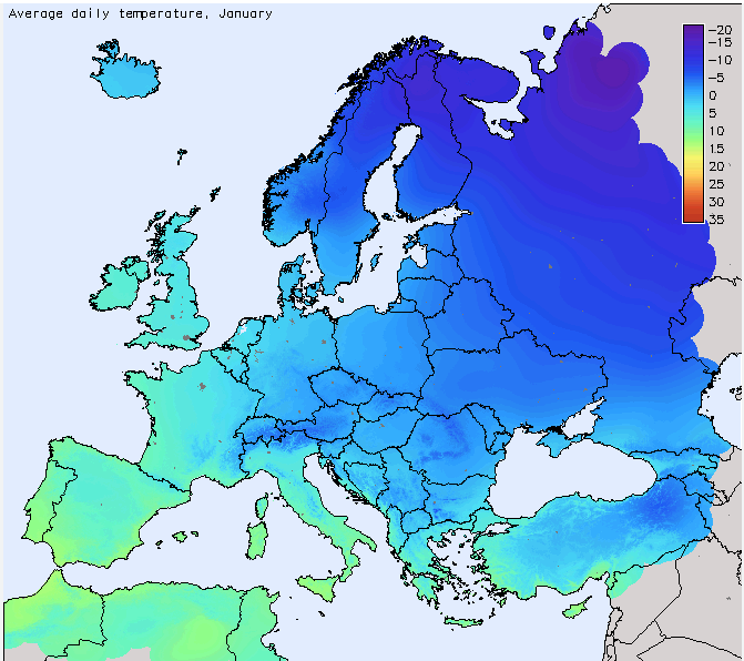 Média de temperaturas de inverno na Europa em janeiro