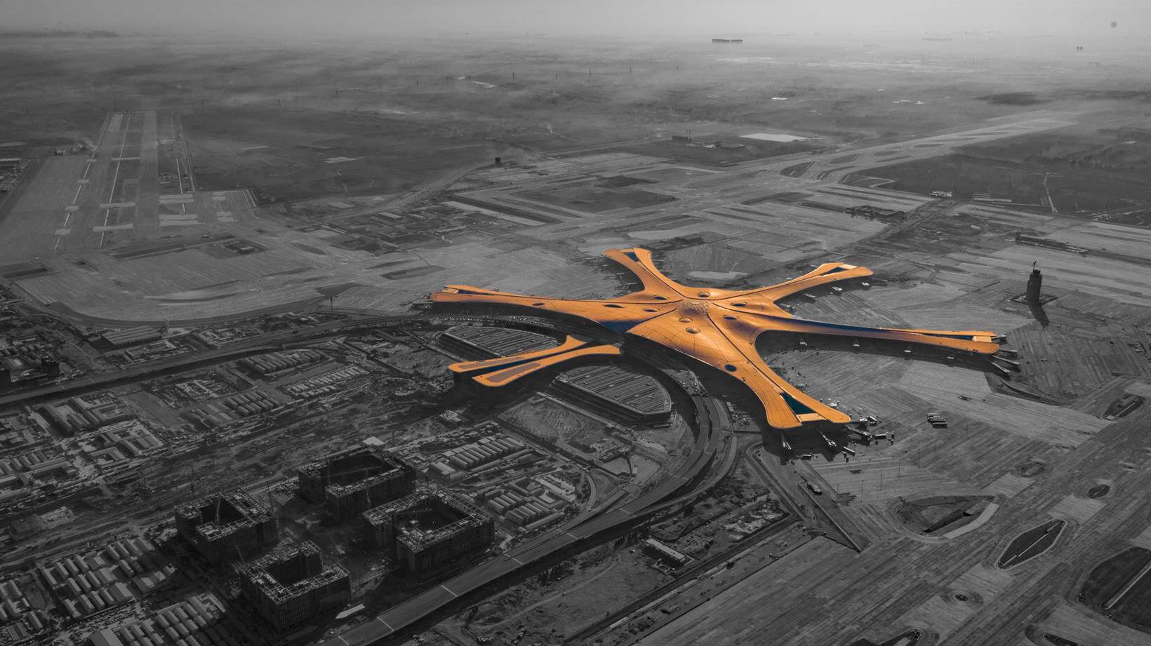 Vista aérea do Aeroporto Internacional de Beijing Daxing (PKX)