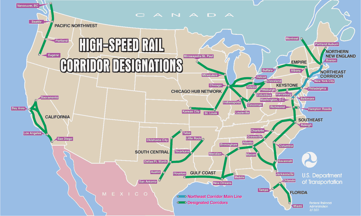 Mapa com os projetos de trem-bala propostos nos EUA