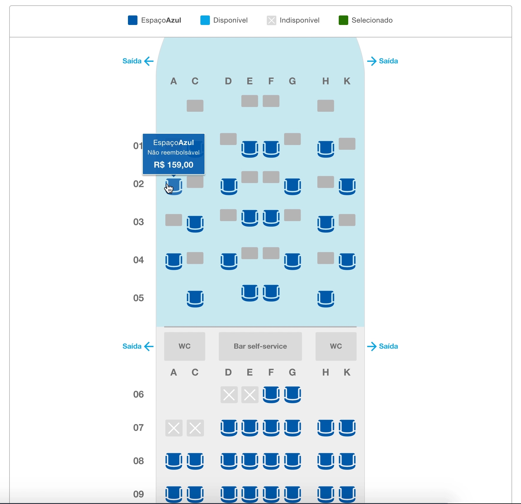 mapa de assentos Airbus a330-200 da Azul