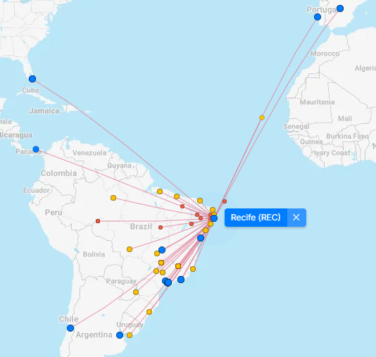 Mapa das rotas do Aeroporto do Recife