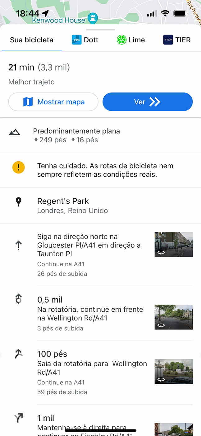 Informações detalhadas trajeto bicicleta Google Maps