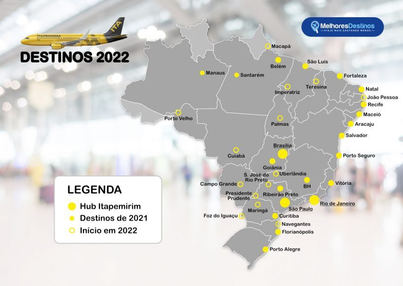 Mapa de rotas e destinos 2021 da Itapemirim Linhas Aéreas
