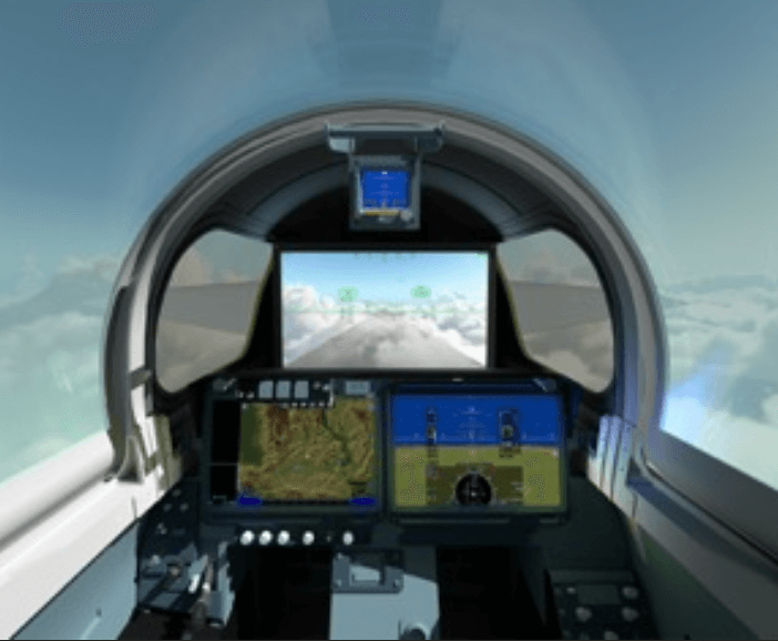 Visão da cabine do piloto no avião X-59 da Nasa