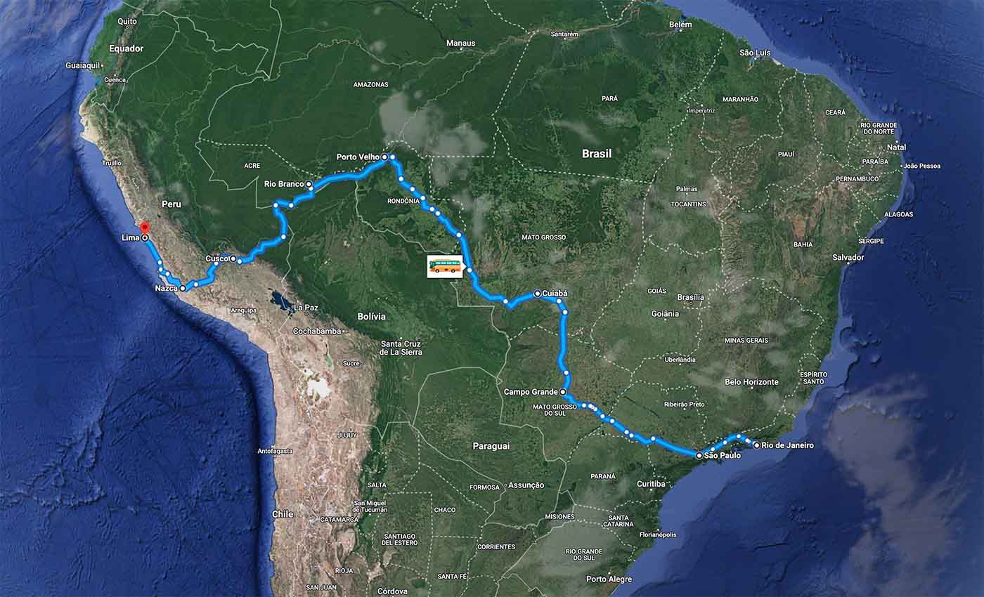 Mapa rota linha de ônibus mais longa do mundo