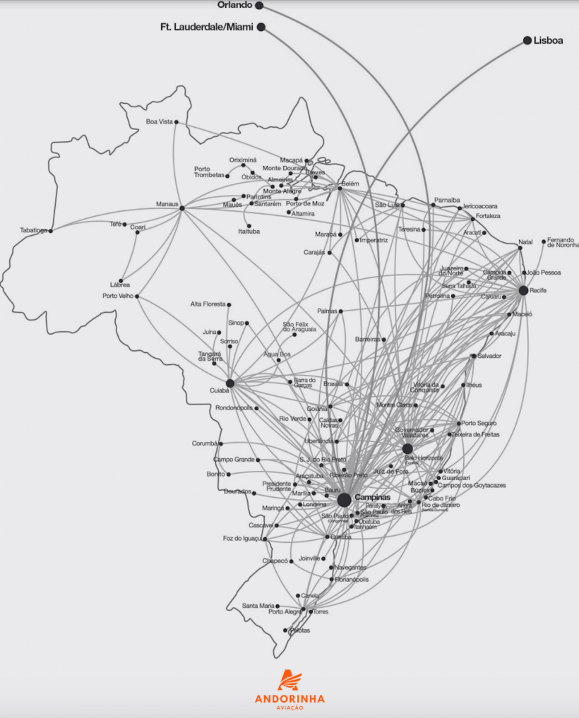 Mapa das rotas a serem operadas pela Andorinha