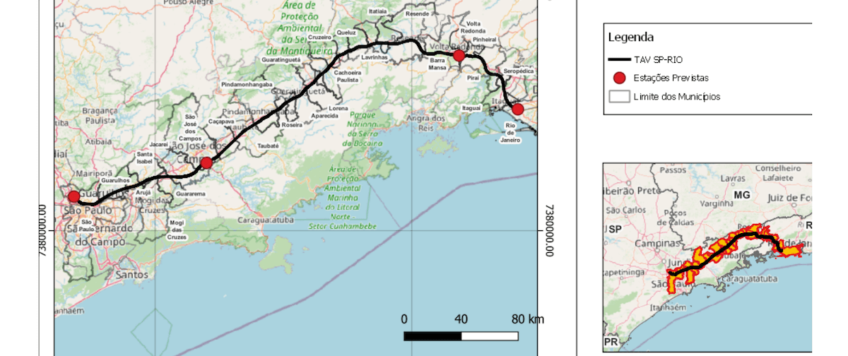 Primeira rota prevista para o projeto de trem rápido Rio-SP
